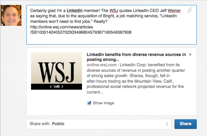 LinkedIn Status Update shows altered Wall Street Journal headline and text